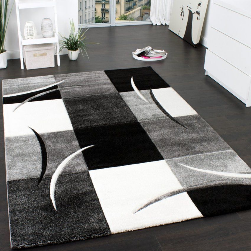 Designer Teppich Mit Konturenschnitt Muster Kariert In Schwarz Weiss von Wohnzimmer Teppich Schwarz Weiß Bild